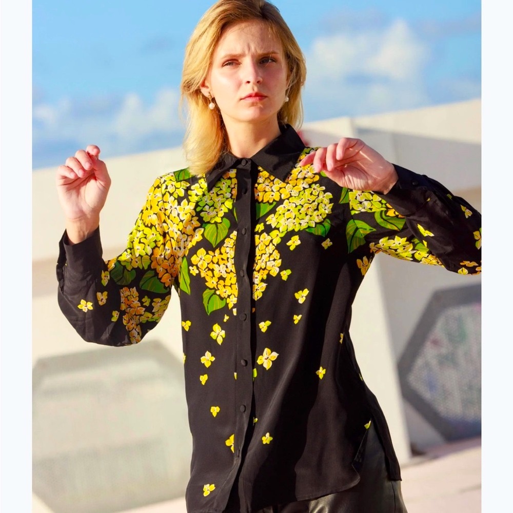 NWOT Rare Vintage Bob Mackie Wearable Art Silk Beaded Floral Button Down Shirt